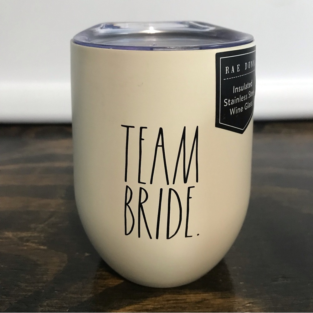 Rae Dunn White Stainless Steel TEAM BRIDE Inscribed Black Lettering Wine